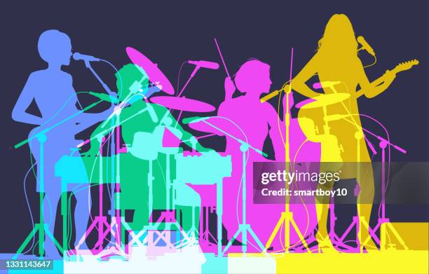 stockillustraties, clipart, cartoons en iconen met all female rock band - drummer silhouette