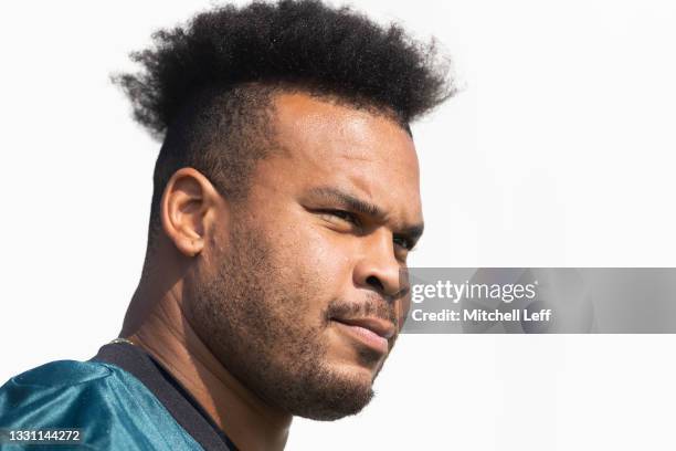 Brandon Brooks of the Philadelphia Eagles walks onto the field during training camp at the NovaCare Complex on July 28, 2021 in Philadelphia,...