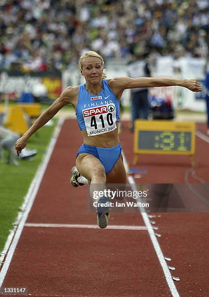 Heli Koivula of Finland in action during the Women's Triple Jump Final at the 18th European Championships in Athletics at the Olympic Stadium in...