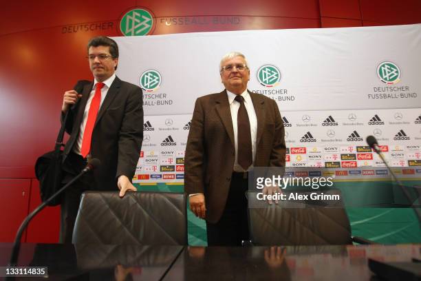 President Theo Zwanziger and Herbert Fandel, head of the DFB referee commission arrive for a press conference on the German Refereeing at the...