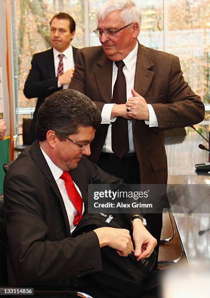 President Theo Zwanziger and Herbert Fandel, head of the DFB referee commission leave a press conference on the German Refereeing at the headquarter...