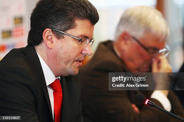 President Theo Zwanziger and Herbert Fandel, head of the DFB referee commission attend a press conference on the German Refereeing at the headquarter...