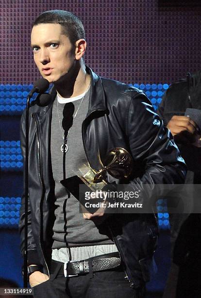 Eminem speaks onstage during The 53rd Annual GRAMMY Awards held at Staples Center on February 13, 2011 in Los Angeles, California.