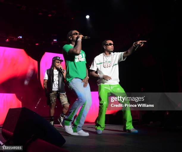 Takeoff, Offset and Quavo of the group Migos perform at Hot 107.9 Birthday Bash 25 at Center Parc Credit Union Stadium at Georgia State University on...