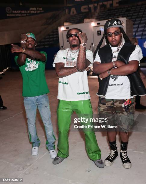Offset, Quavo and Takeoff of the group Migos backstage at Hot 107.9 Birthday Bash 25 at Center Parc Credit Union Stadium at Georgia State University...