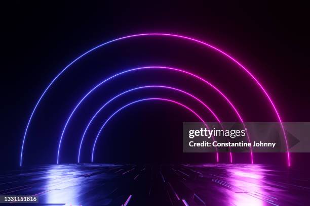 abstract futuristic geometric neon light background - leuchtreklame stock-fotos und bilder