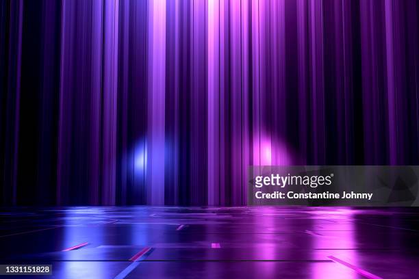 neon light futuristic background with empty floor against abstract vertical lines - licht stock-fotos und bilder