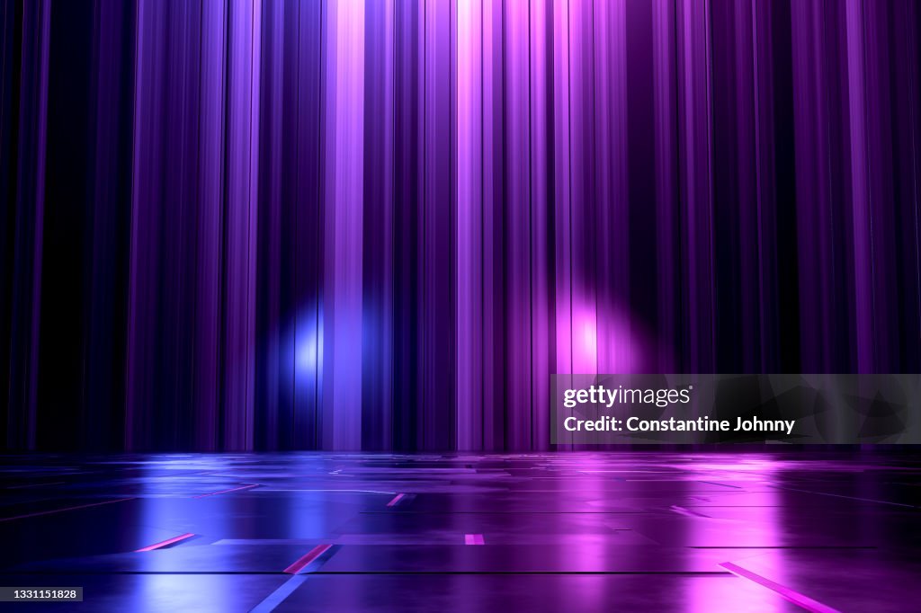 Neon Light Futuristic Background With Empty Floor Against Abstract Vertical Lines