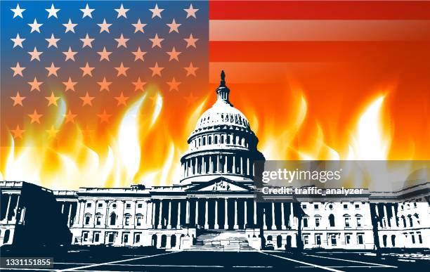 burning capitol and american flag - burning paper stock illustrations