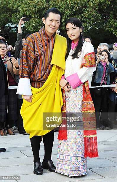 King Jigme Khesar Namgyel Wangchuck and Queen Jetsun Pema of Bhutan arrive at Meiji Jingu Shrine on November 17, 2011 in Tokyo, Japan.