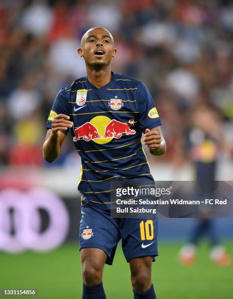 Antoine Bernede of FC Red Bull Salzburg reacts during the pre-season friendly match between FC Red Bull Salzburg and Atletico Madrid at Red Bull...