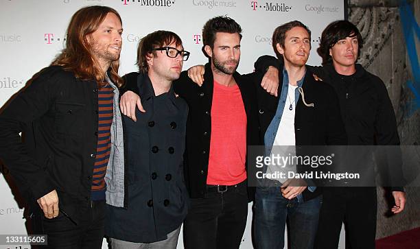 Recording artists James Valentine, Mickey Madden, Adam Levine, Jesse Carmichael and Matt Flynn of Maroon 5 attend Google and T-Mobile's celebration...