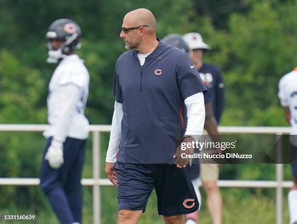 Head coach Matt Nagy walks across the field during the Chicago Bears training camp at Halas Hall on July 28, 2021 in Lake Forest, Illinois.