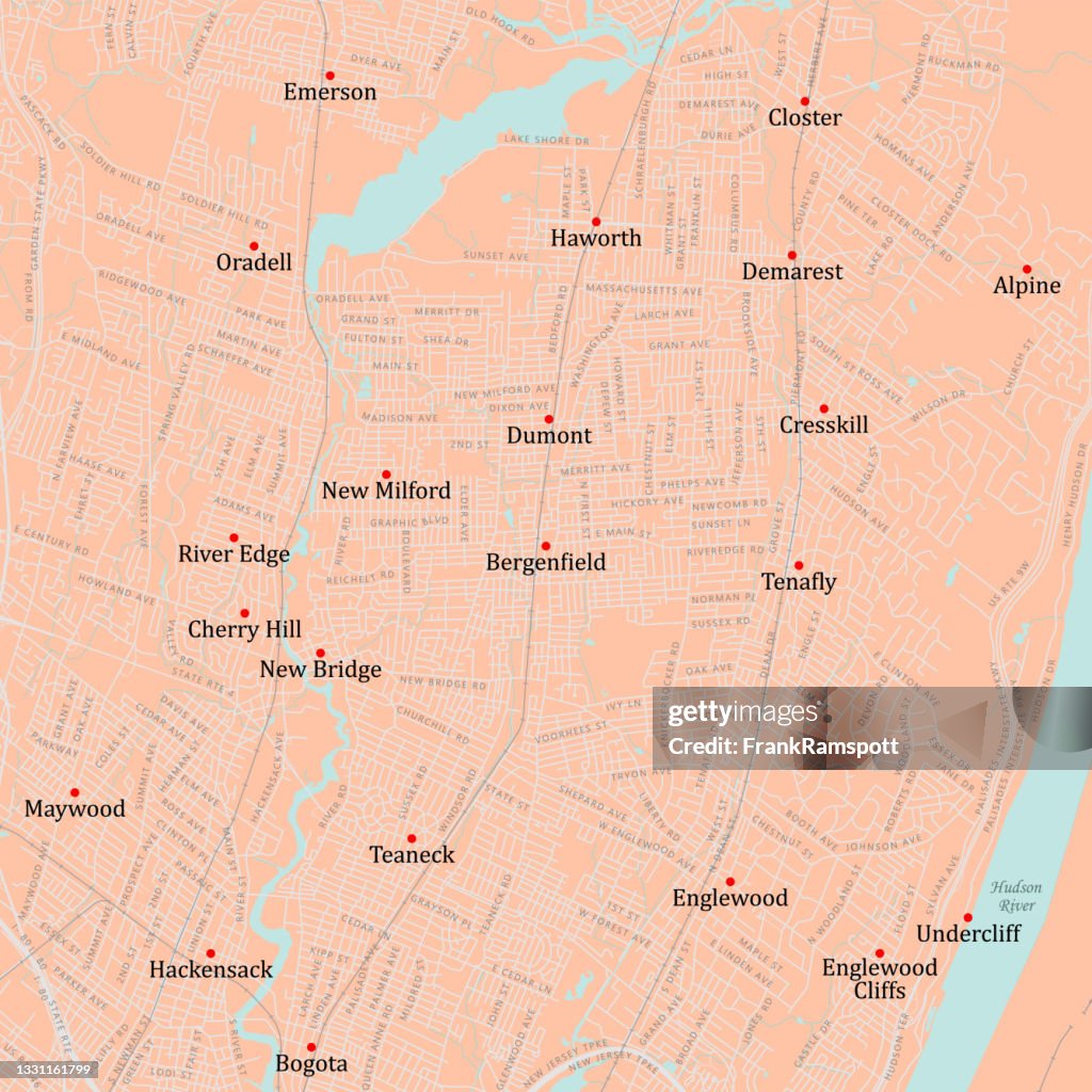 NJ Bergen Bergenfield Vector Road Map