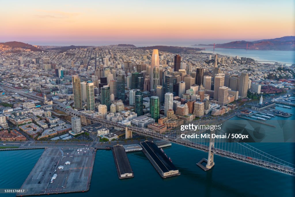 High angle view of city by sea against sky during sunset,San Francisco,California,United States,USA