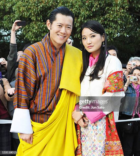 King Jigme Khesar Namgyel Wangchuck and Queen Jetsun Pema of Bhutan arrive at Meiji Jingu Shrine on November 17, 2011 in Tokyo, Japan.