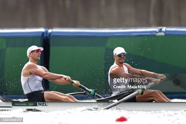 Brook Robertson and Stephen Jones of Team New Zealand compete during the Men's Pair Final B on day six of the Tokyo 2020 Olympic Games at Sea Forest...
