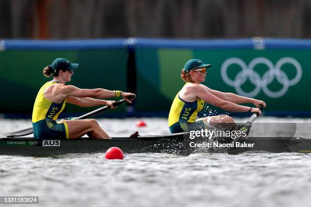 Jessica Morrison and Annabelle McIntyre of Team Australia compete during the Women's Pair Final B on day six of the Tokyo 2020 Olympic Games at Sea...