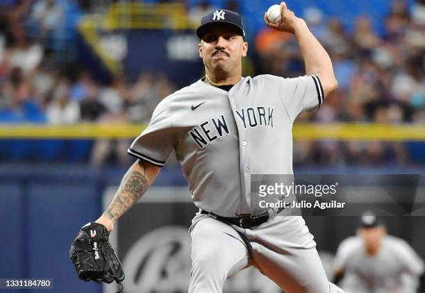 Nestor Cortes of the New York Yankees delivers a pitch to the Tampa Bay Rays in the first inning at Tropicana Field on July 28, 2021 in St...