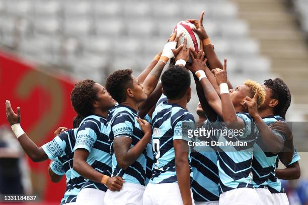 Team Fiji prepare for the start of the Women’s pool B match between Team France and Team Fiji during the Rugby Sevens on day six of the Tokyo 2020...