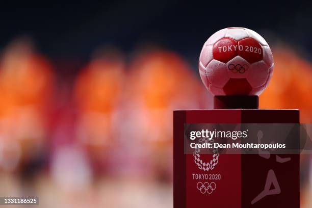 The official ball for the Tokyo 2020 Olympic Games handball competitions is seen ahead of the Women's Preliminary Round Group A handball match...