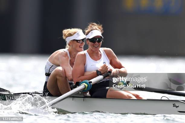 Grace Prendergast and Kerri Gowler of Team New Zealand celebrate winning the gold medal during the Women's Pair Final A on day six of the Tokyo 2020...