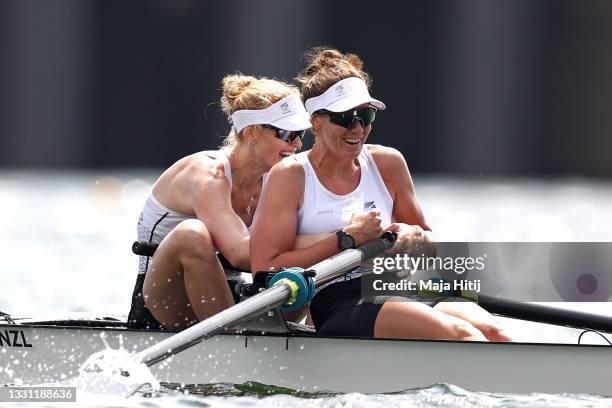 Grace Prendergast and Kerri Gowler of Team New Zealand celebrate winning the gold medal during the Women's Pair Final A on day six of the Tokyo 2020...