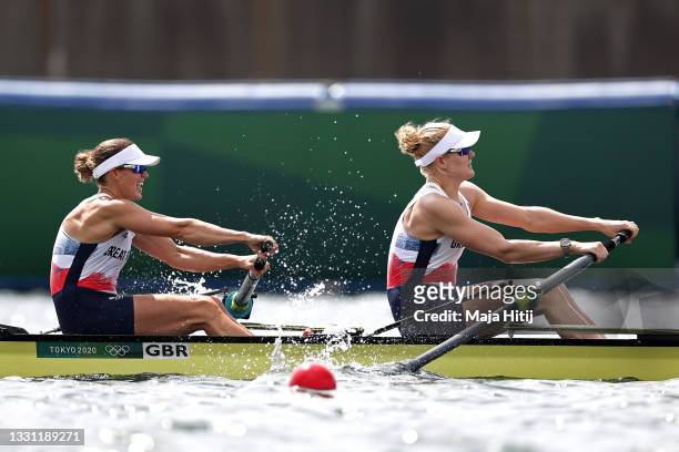 Helen Glover and Polly Swann of Team Great Britain compete during the Women's Pair Final A on day six of the Tokyo 2020 Olympic Games at Sea Forest...