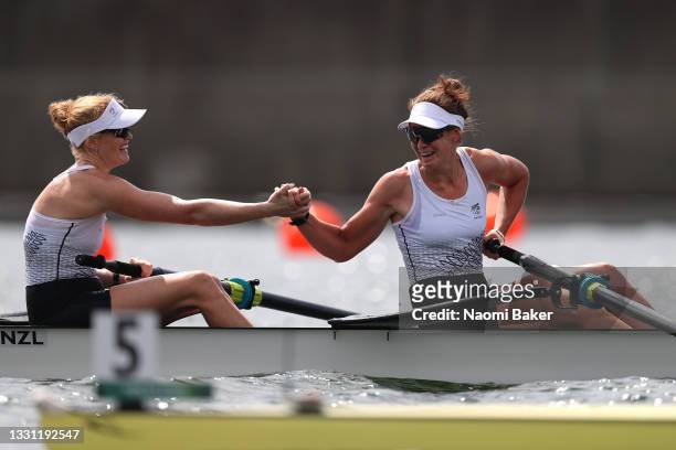 Grace Prendergast and Kerri Gowler of Team New Zealand celebrate winning the gold medal during the Women's Pair Final A on day six of the Tokyo 2020...