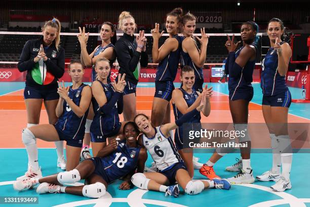 Team Italy celebrates after defeating Team Argentina during the Women's Preliminary - Pool B volleyball on day six of the Tokyo 2020 Olympic Games at...