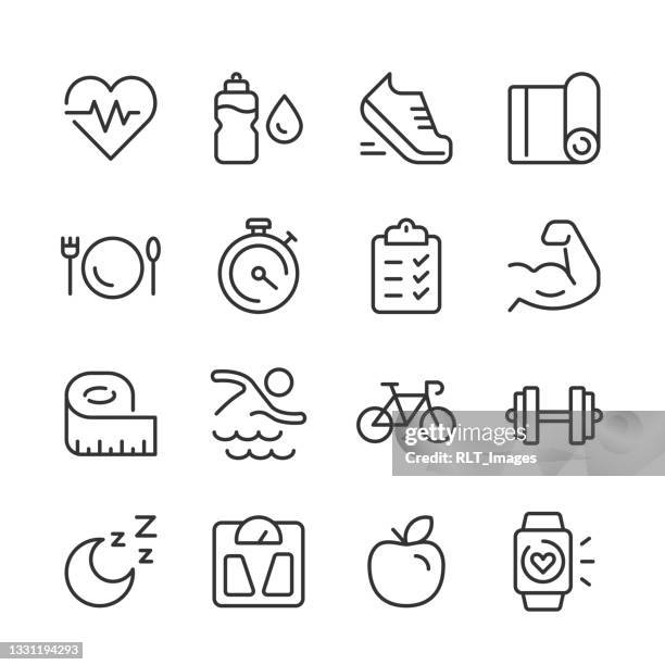 ilustraciones, imágenes clip art, dibujos animados e iconos de stock de iconos de salud y fitness — serie monoline - comidas y bebidas