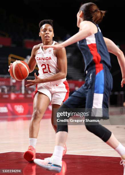 Nirra Fields of Team Canada brings the ball up court against Republic of Korea during the first half of a Women's Preliminary Round Group A game on...