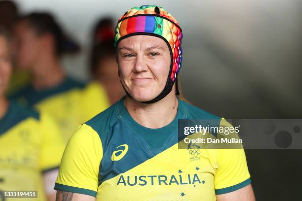 Sharni Williams of Team Australia prepares to lead her team out in the Women’s pool C match between Team Australia and Team Japan during the Rugby...