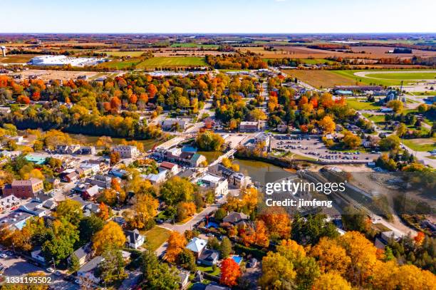 aerial view townscape, elora, canada - ontario - canada stockfoto's en -beelden