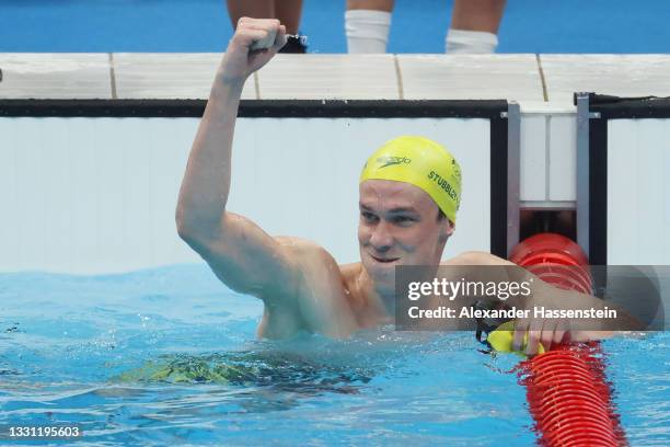 Izaac Stubblety-Cook of Team Australia reacts after winning the gold medal in the Men's 200m Breaststroke Final on day six of the Tokyo 2020 Olympic...