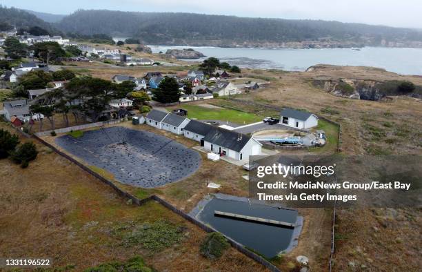 The Mendocino Sewage Treatment Pit is seen from this drone view in Mendocino, Calif., on Wednesday, July 7, 2021.