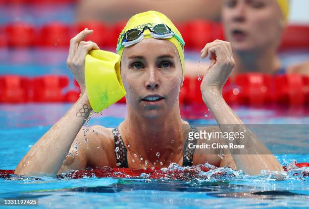 Emma McKeon of Team Australia reacts after competing in the Women's 100m Freestyle Semifinal on day six of the Tokyo 2020 Olympic Games at Tokyo...