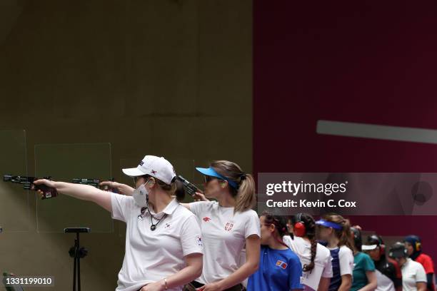Athletes compete during the 25m Pistol Women's Precision Stage on day six of the Tokyo 2020 Olympic Games at Asaka Shooting Range on July 29, 2021 in...