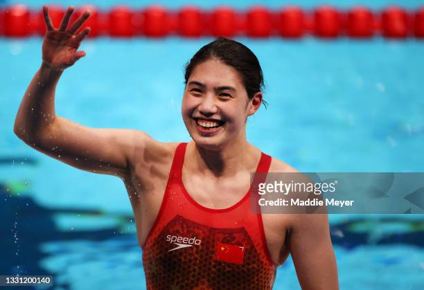 Yufei Zhang of Team China celebrates winning the gold medal and breaking the olympic record in the Women's 200m Butterfly Final on day six of the...