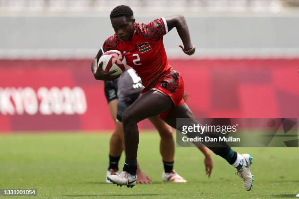 Christabel Lindo of Team Kenya breaks away to score a try in the Women’s pool A match between Team New Zealand and Team Kenya during the Rugby Sevens...