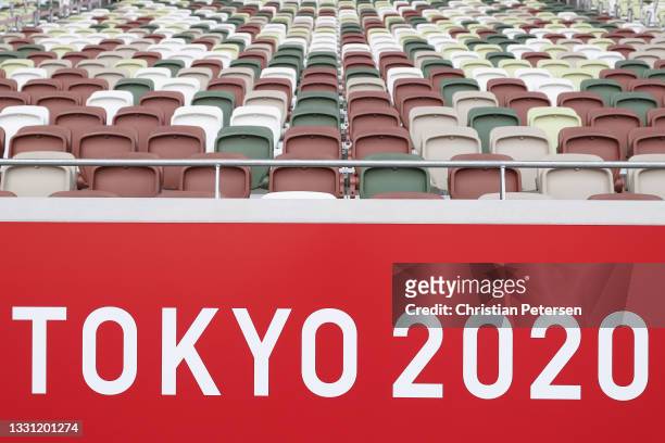 General views inside the Olympic Stadium, host to the Athletics competition, at the Tokyo Olympic Games on July 29, 2021 in Tokyo, Japan.