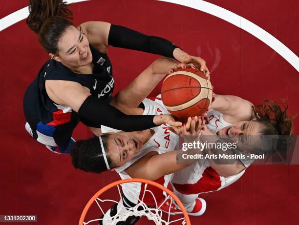 Ji Su Park of Team South Korea goes up for a rebound against Natalie Achonwa and Kim Gaucher of Team Canada during the second half of a Women's...