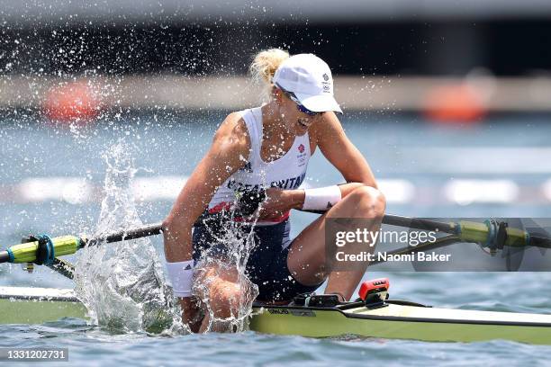 Victoria Thornley of Team Great Britain celebrates coming in second during the Women's Single Sculls Semifinal A/B 2 on day six of the Tokyo 2020...