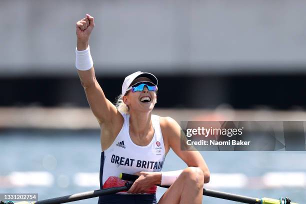 Victoria Thornley of Team Great Britain celebrates coming in second during the Women's Single Sculls Semifinal A/B 2 on day six of the Tokyo 2020...