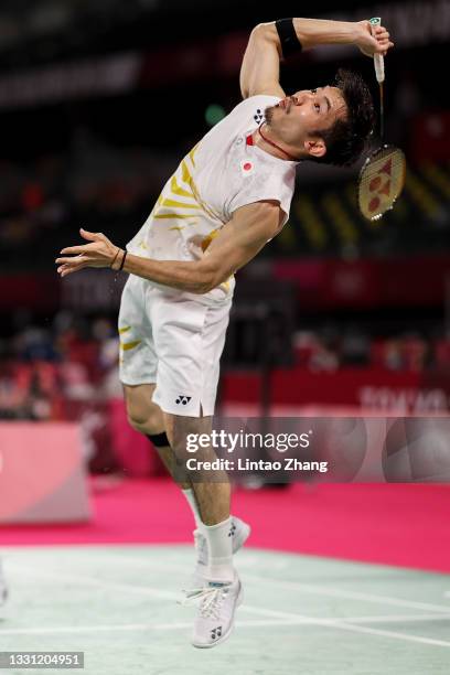 Takeshi Kamura and Keigo Sonoda of Team Japan react as they compete against Mohammad Ahsan and Hendra Setiawan of Team Indonesia during a Men’s...