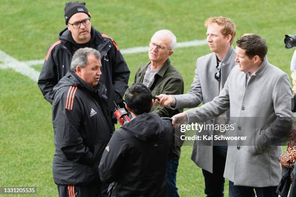 Head Coach Ian Foster speaks to the media following a New Zealand All Blacks training session at Orangetheory Stadium on July 29, 2021 in...