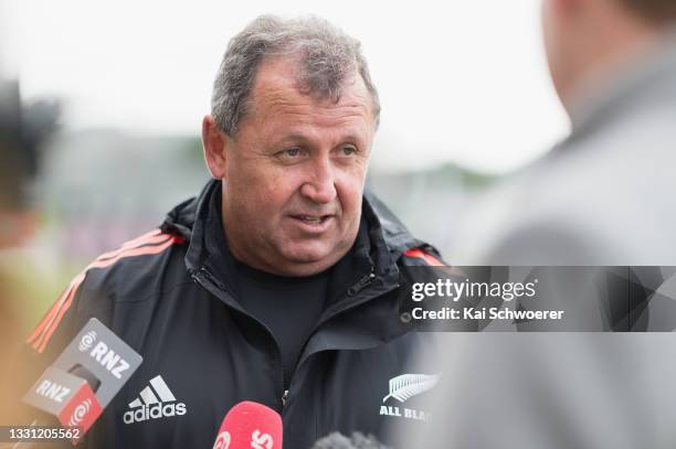 Head Coach Ian Foster speaks to the media following a New Zealand All Blacks training session at Orangetheory Stadium on July 29, 2021 in...