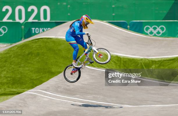 Mariana Pajon of Team Colombia jumps during the Women’s BMX quaterfinal heat 1, run 3 on day six of the Tokyo 2020 Olympic Games at Ariake Urban...