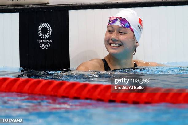 Siobhan Bernadette Haughey of Team Hong Kong reacts after competing in the Women's 100m Freestyle Semifinal on day six of the Tokyo 2020 Olympic...