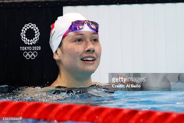 Siobhan Bernadette Haughey of Team Hong Kong reacts after competing in the Women's 100m Freestyle Semifinal on day six of the Tokyo 2020 Olympic...